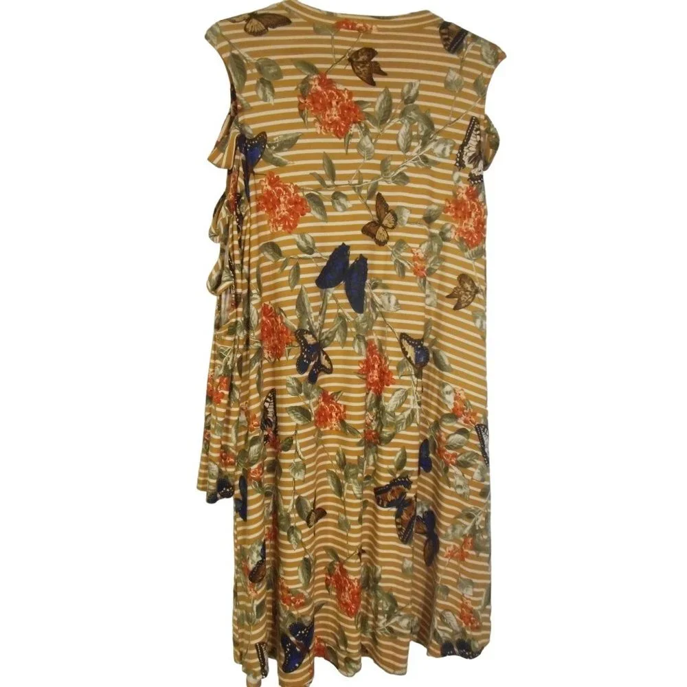 Sz L Multicolor Floral Butterfly Cold Shoulder dress or long tunic Tan cream - Picture 6 of 6